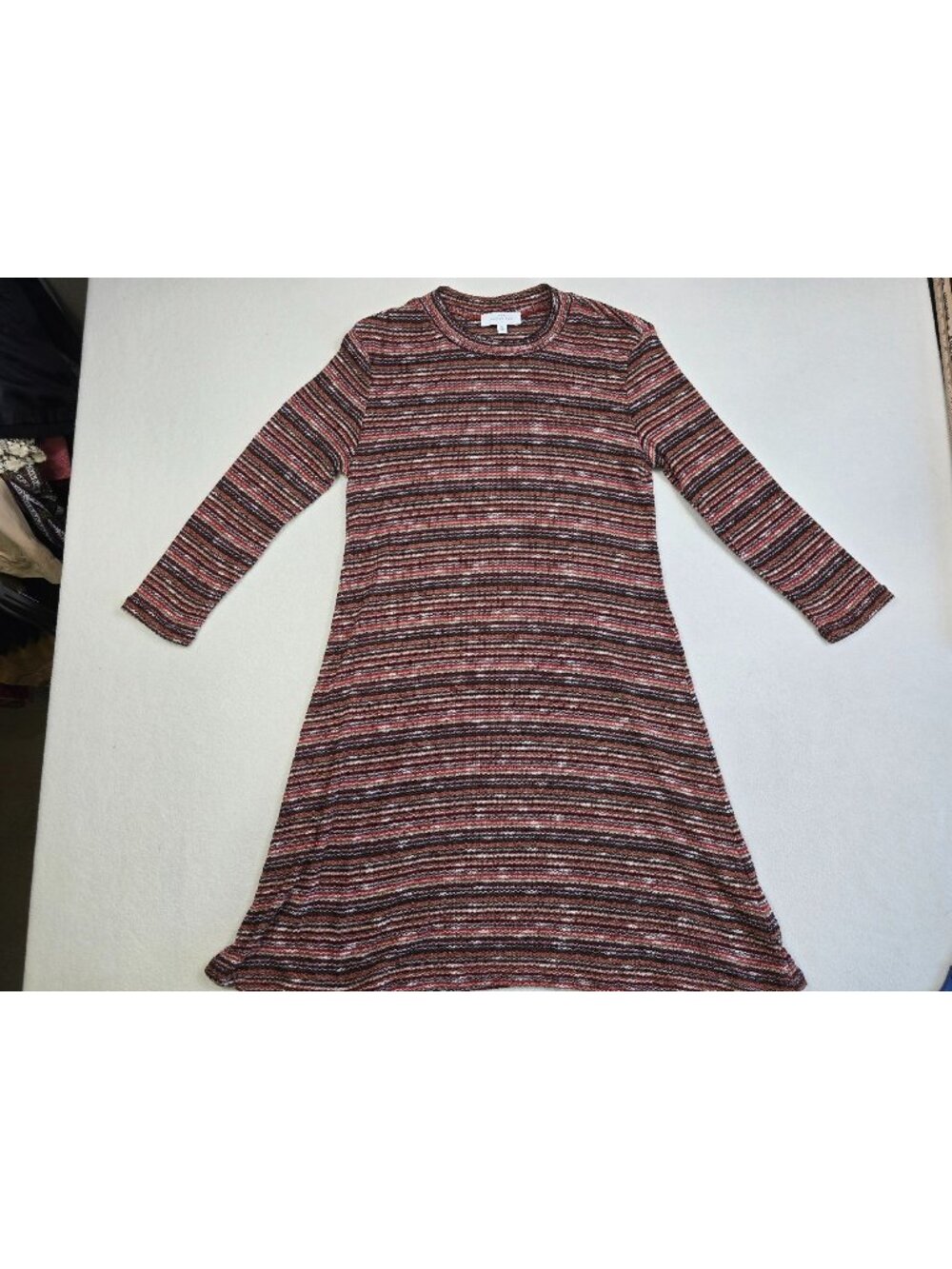 New Directions Small Striped Long Sleeve Dress Burgundy/Brown Boho